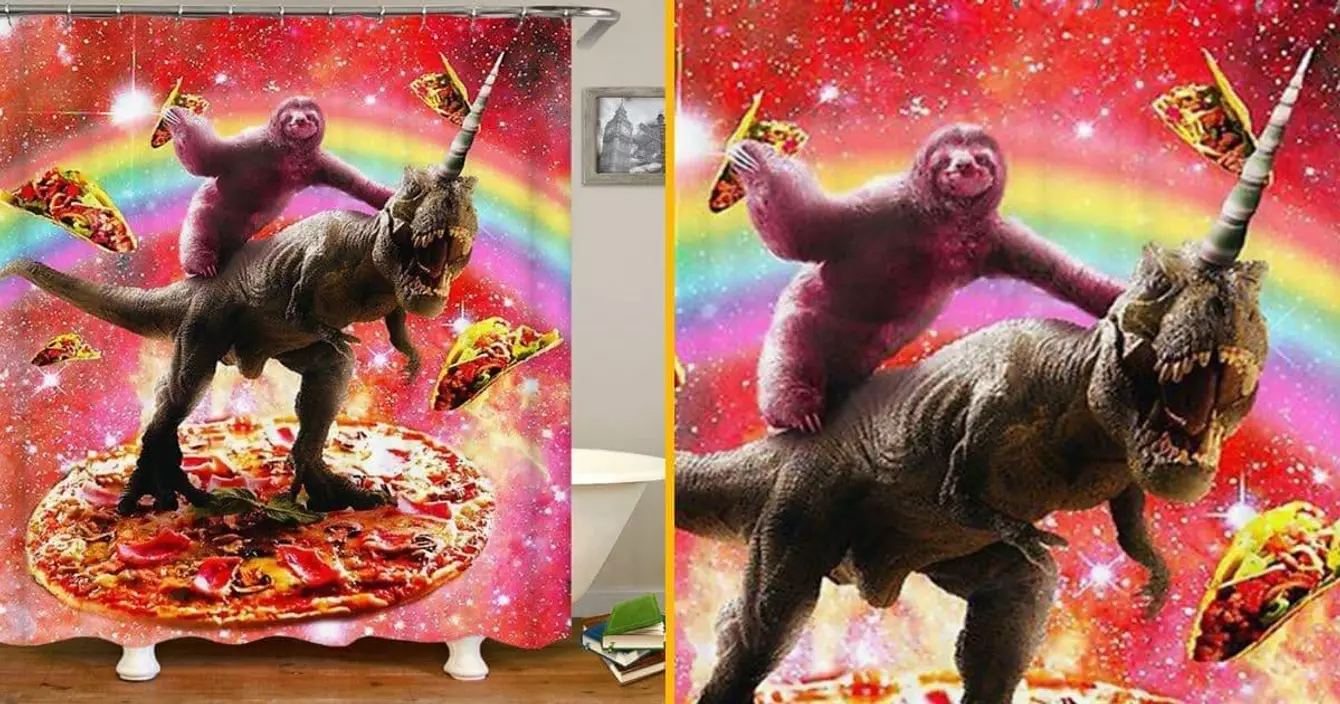 rideau-douche-improbable-paresseux-dino-licorne-pizza
